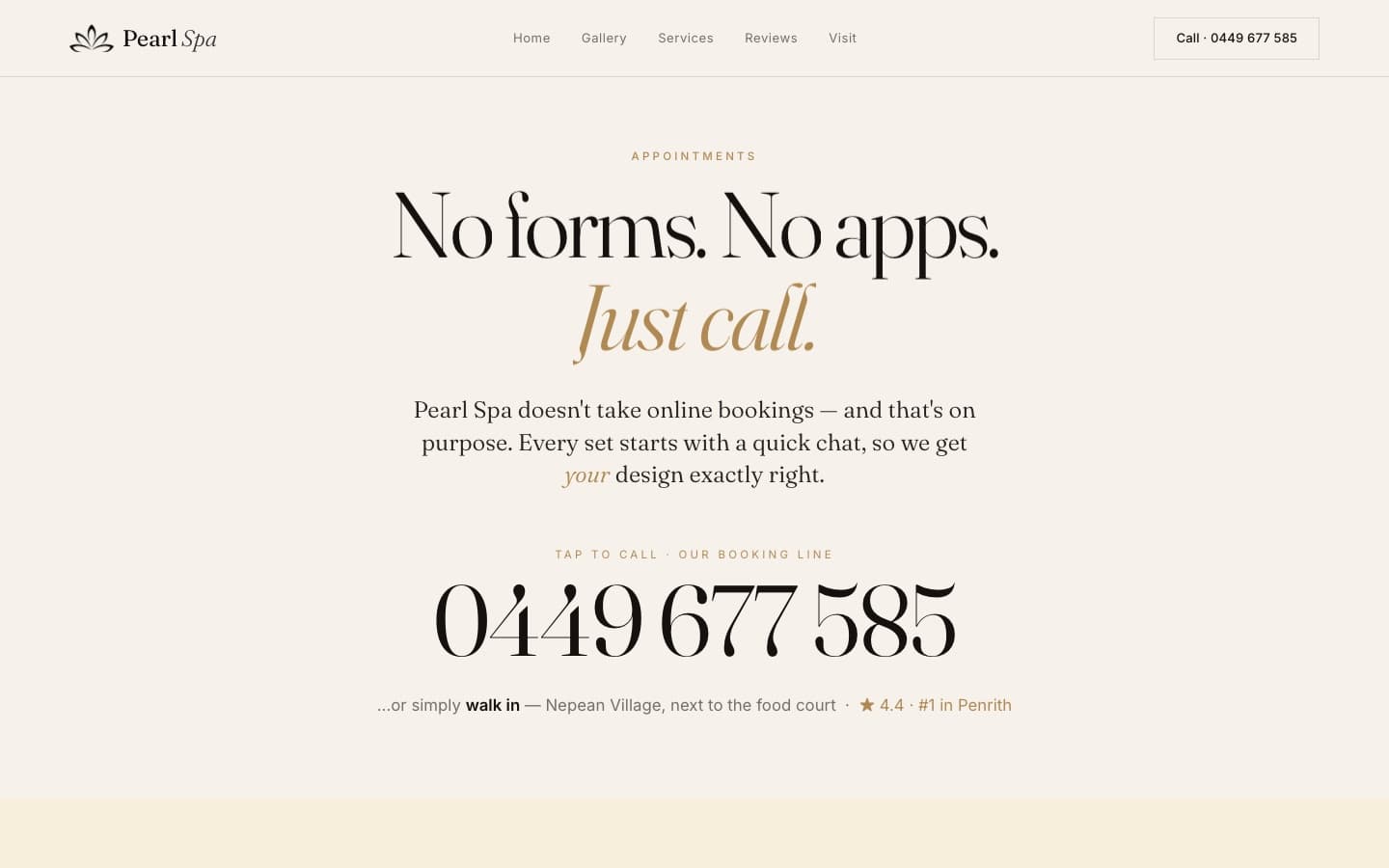 Pearl Spa booking page: no forms, no apps, just call