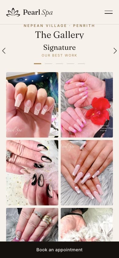 Pearl Spa gallery page on a phone